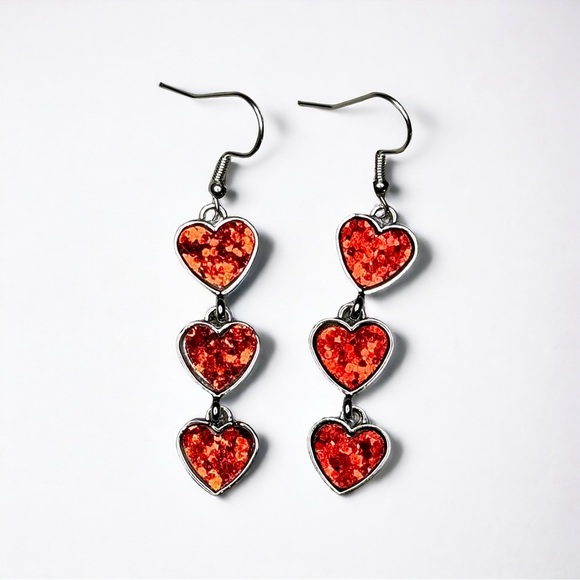 Red Heart Trio Glittery Red & Silver Dangle Earrings Nwt - Picture 6 of 9